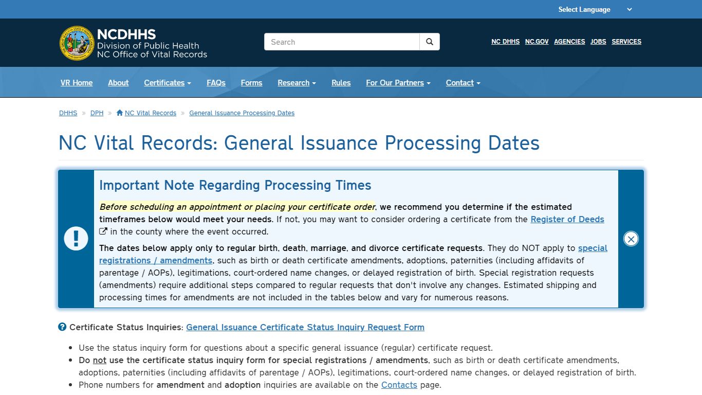 NC Vital Records: General Issuance Processing Dates